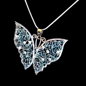 Sterling Silver Butterfly Blue Topaz & White CZ Pendant W/ Chain